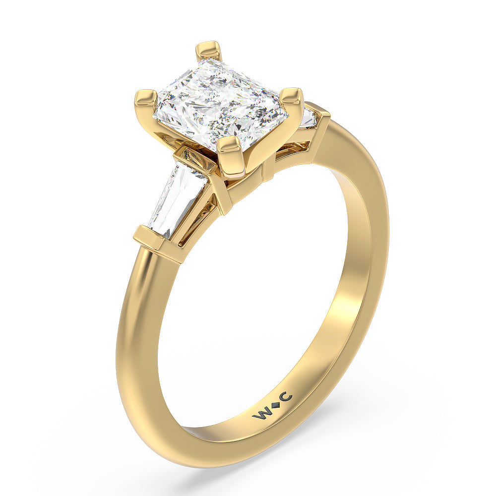 Radiant Cut Three Stone Baguette Engagement Ring with Lab Grown Diamond in 14KT Yellow Gold view 3
