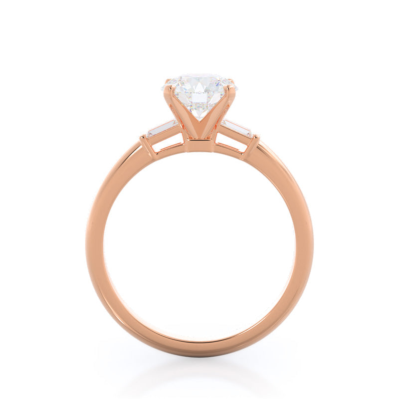 Round Cut Three Stone Baguette Engagement Ring with Lab Grown Diamond in 14KT Rose Gold view 2
