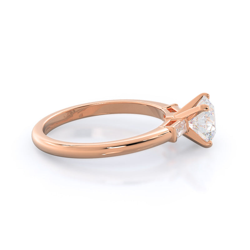 Round Cut Three Stone Baguette Engagement Ring with Lab Grown Diamond in 14KT Rose Gold view 3
