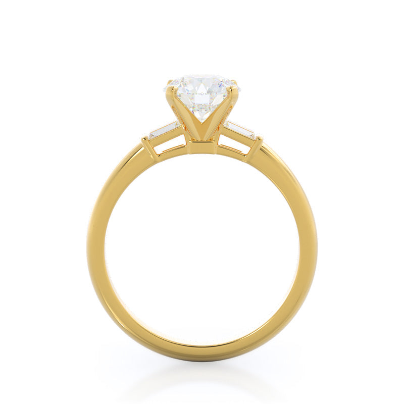 Round Cut Three Stone Baguette Engagement Ring with Lab Grown Diamond in 14KT Yellow Gold view 2
