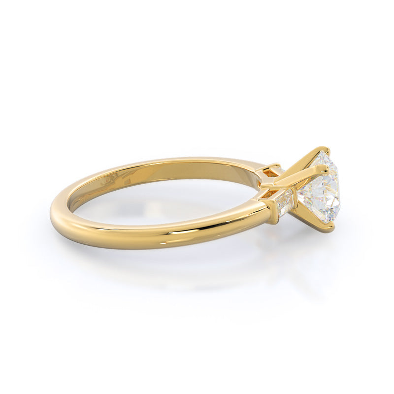 Round Cut Three Stone Baguette Engagement Ring with Lab Grown Diamond in 14KT Yellow Gold view 3
