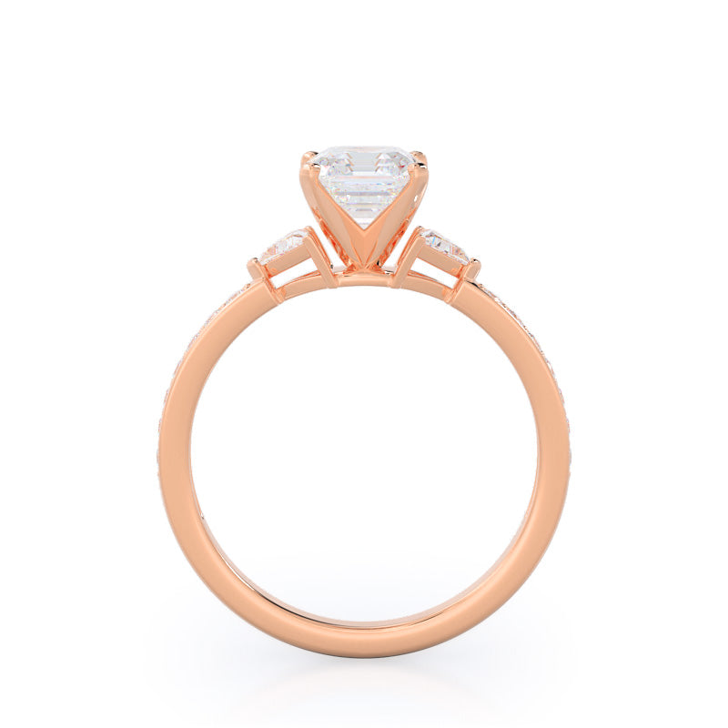 Asscher Cut Triangular Three Stone Diamond Engagement Ring with Lab Grown Diamond in 14KT Rose Gold view 2
