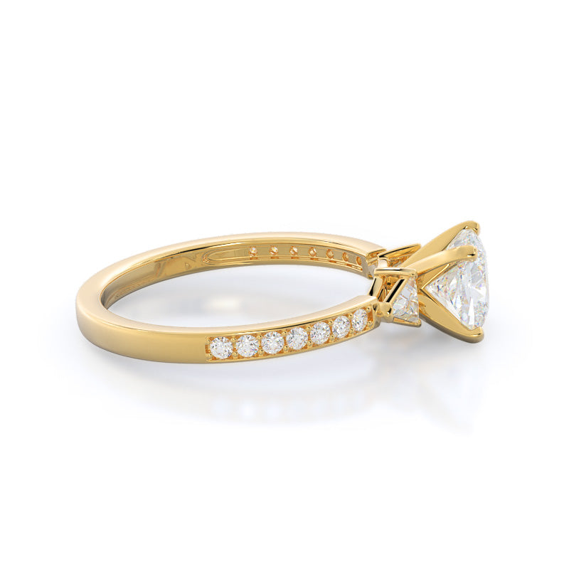 Cushion Cut Triangular Three Stone Diamond Engagement Ring with Lab Grown Diamond in 14KT Yellow Gold view 3
