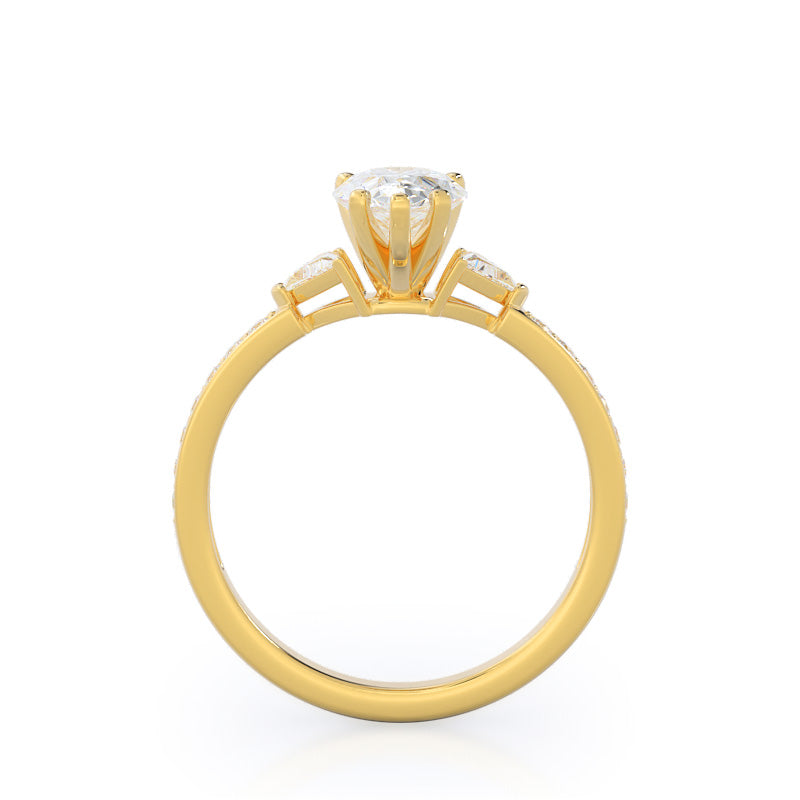 Pear Cut Triangular Three Stone Diamond Engagement Ring with Lab Grown Diamond in 14KT Yellow Gold view 2
