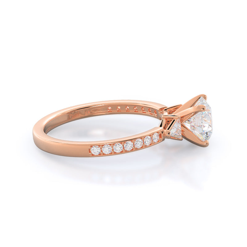 Round Cut Triangular Three Stone Diamond Engagement Ring with Lab Grown Diamond in 14KT Rose Gold view 2
