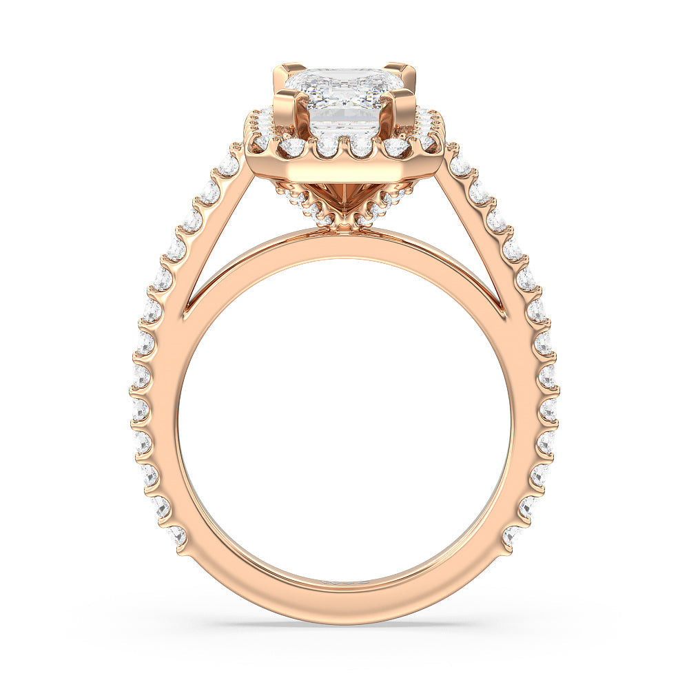 Emerald Cut Pave Diamond Halo Engagement Ring with Lab Grown Diamond in 14KT Rose Gold view 2
