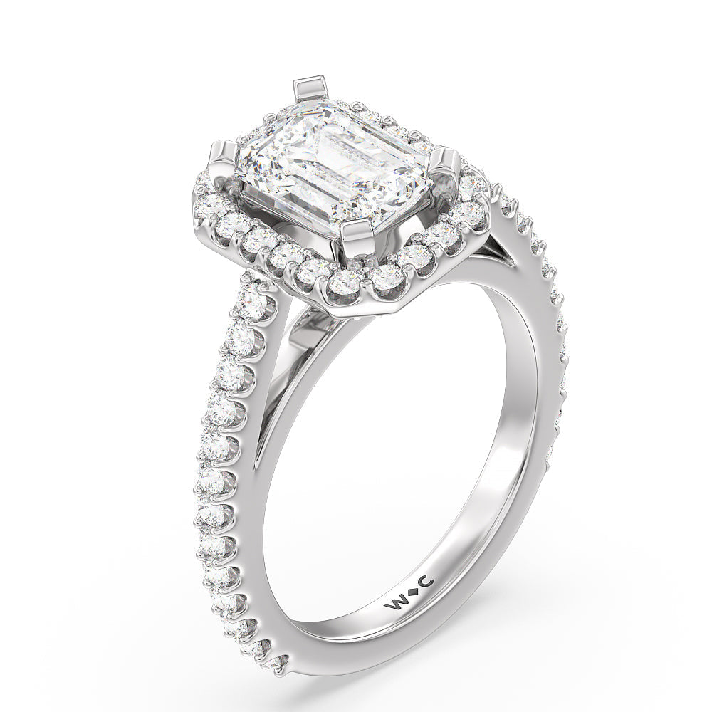 Pave Diamond Halo Engagement Ring with Emerald Cut Diamond in 14KT Platinum view 3
