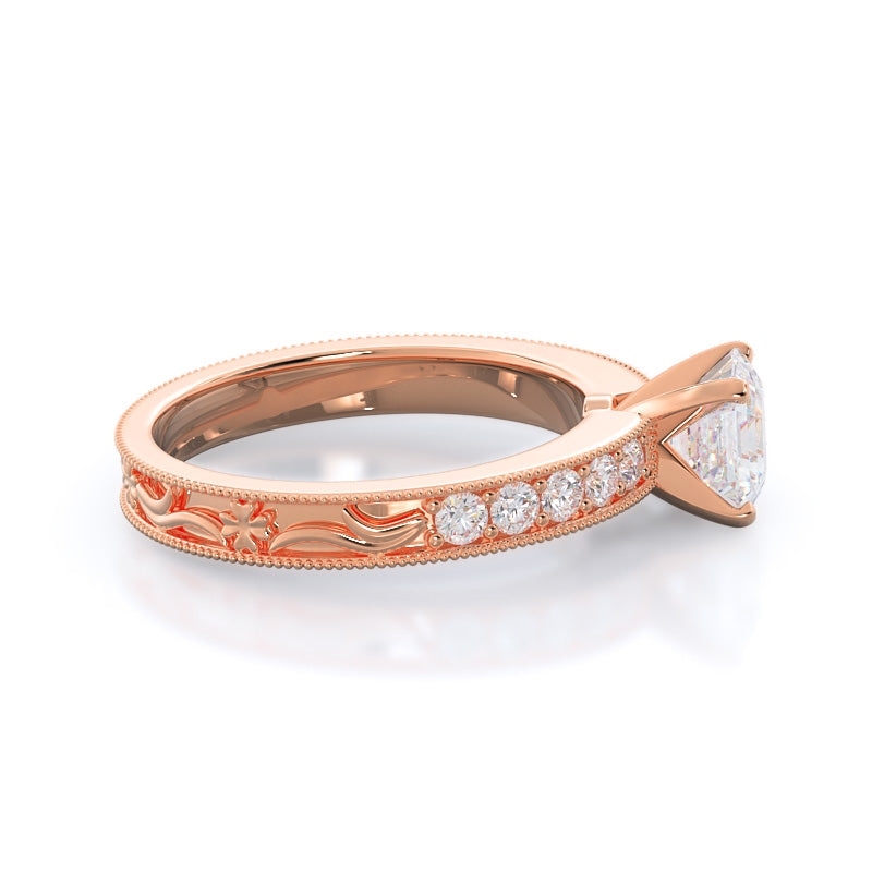 Asscher Cut Floral Diamond Engagement Ring with Lab Grown Diamond in 14KT Rose Gold view 3
