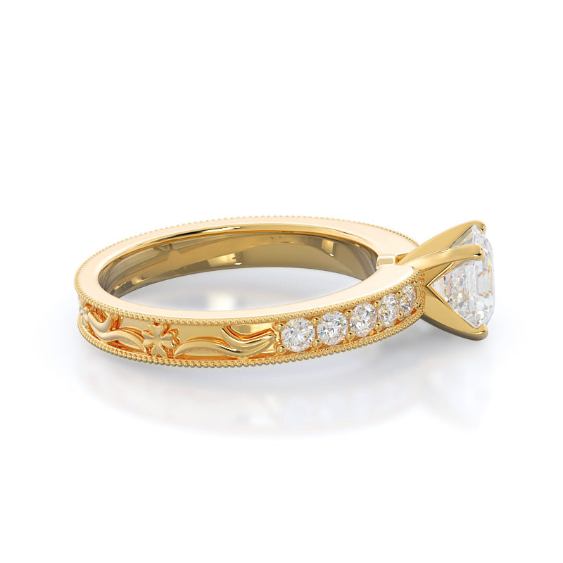 Asscher Cut Floral Diamond Engagement Ring with Lab Grown Diamond in 14KT Yellow Gold view 3
