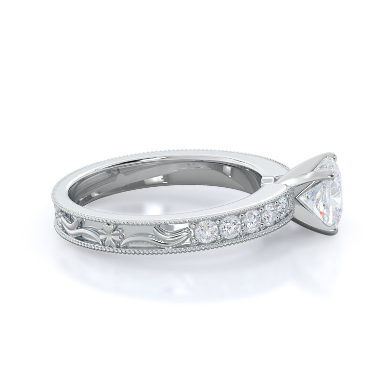 Cushion Cut Floral Diamond Engagement Ring with Lab Grown Diamond in 14KT Platinum view 3
