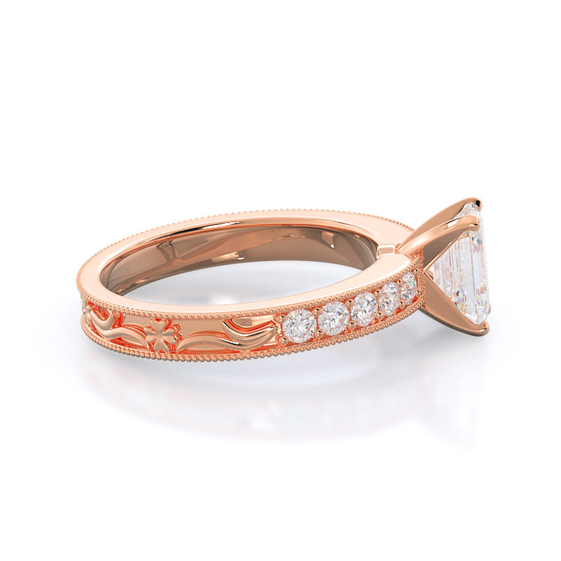 Emerald Cut Floral Diamond Engagement Ring with Lab Grown Diamond in 14KT Rose Gold view 3
