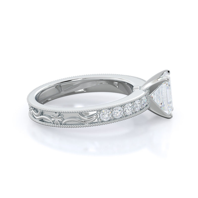 Emerald Cut Floral Diamond Engagement Ring with Lab Grown Diamond in 14KT Platinum view 3
