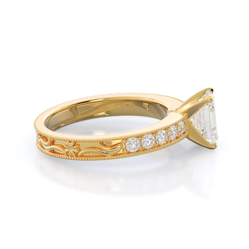 Emerald Cut Floral Diamond Engagement Ring with Lab Grown Diamond in 14KT Yellow Gold view 3
