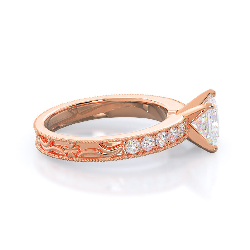 Princess Cut Floral Diamond Engagement Ring with Lab Grown Diamond in 14KT Rose Gold view 3
