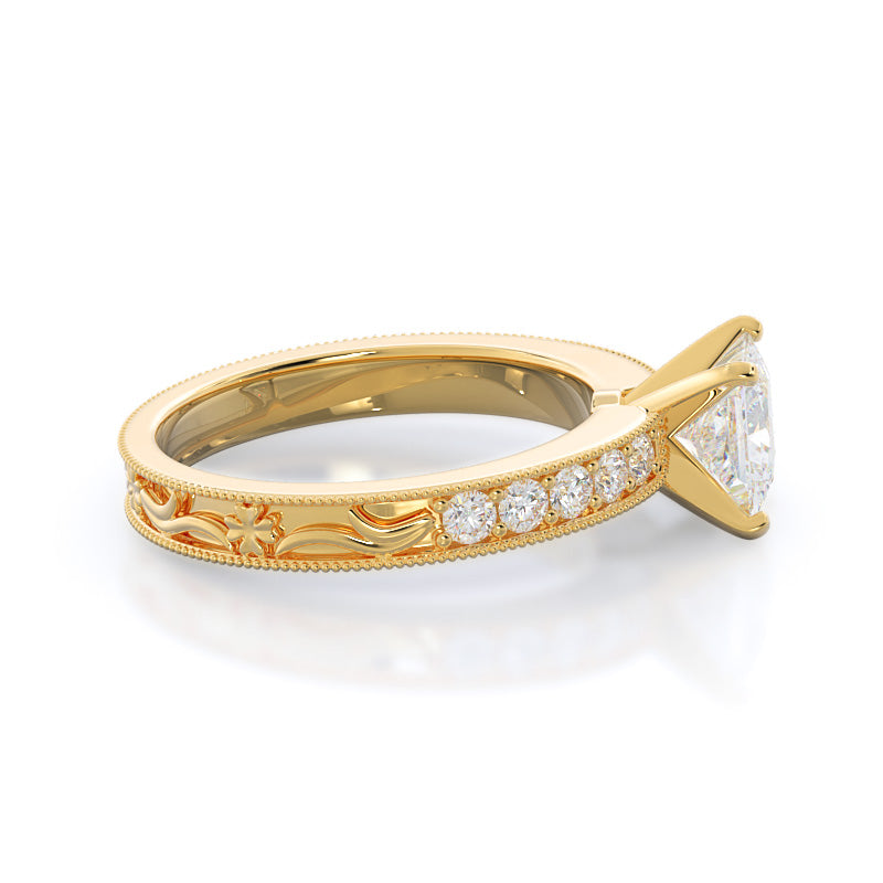 Princess Cut Floral Diamond Engagement Ring with Lab Grown Diamond in 14KT Yellow Gold view 3
