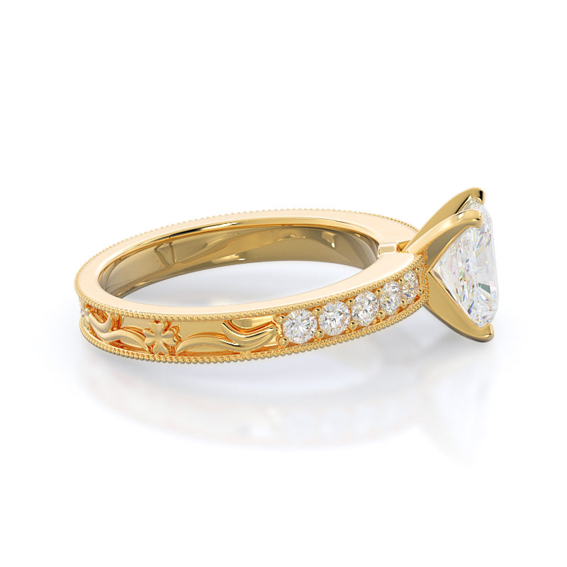 Radiant Cut Floral Diamond Engagement Ring with Lab Grown Diamond in 14KT Yellow Gold view 3

