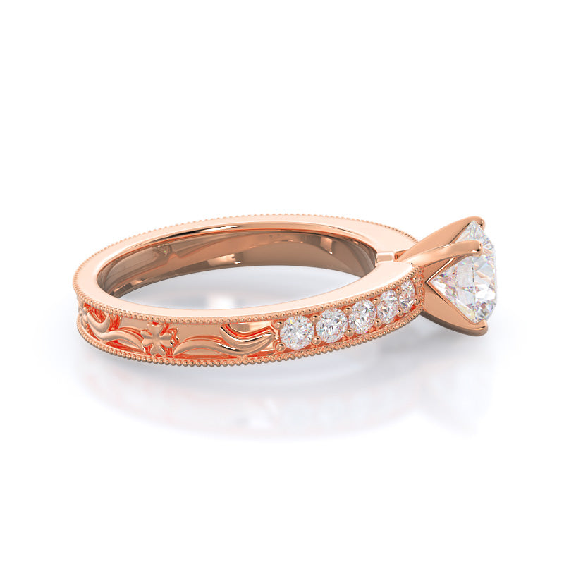 Round Cut Floral Diamond Engagement Ring with Lab Grown Diamond in 14KT Rose Gold view 2
