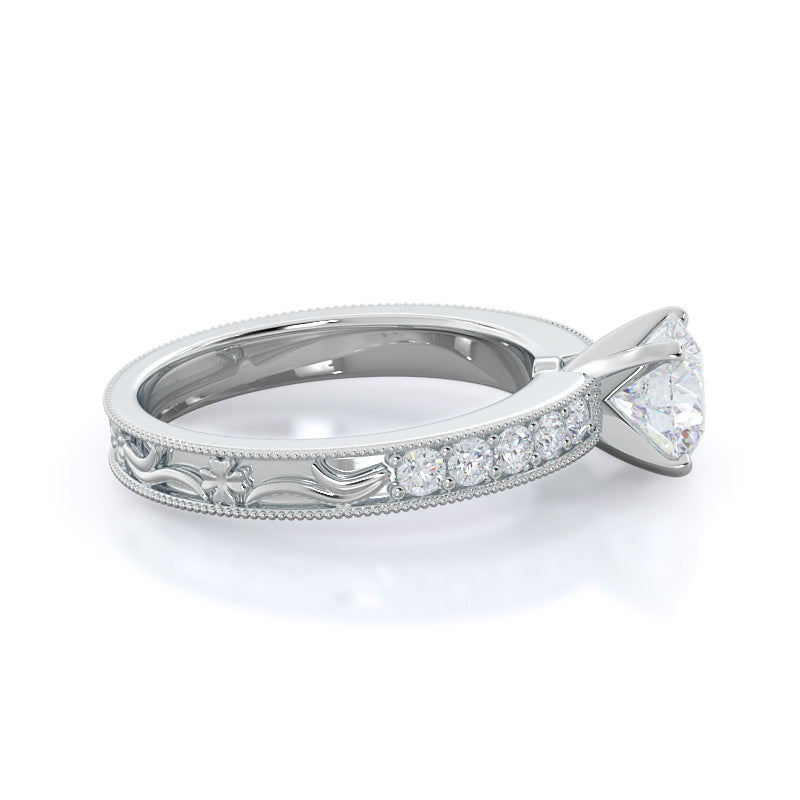 Round Cut Floral Diamond Engagement Ring with Lab Grown Diamond in 14KT Platinum view 2
