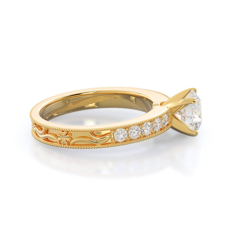 Round Cut Floral Diamond Engagement Ring with Lab Grown Diamond in 14KT Yellow Gold view 2
