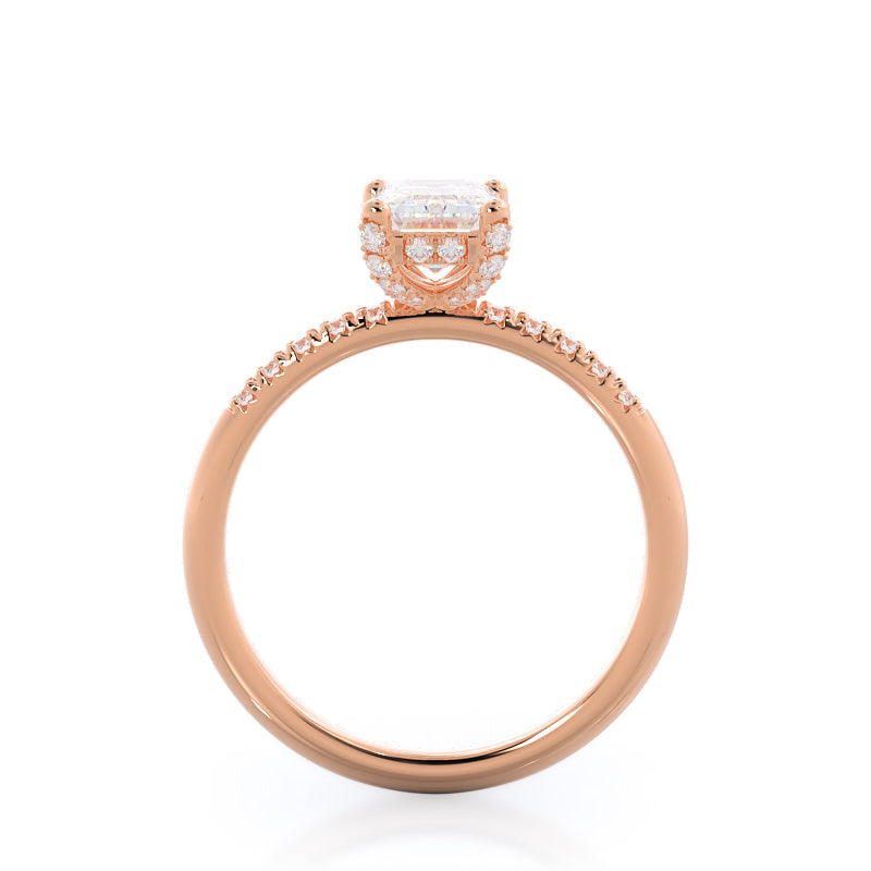 French Set Diamond Basket Engagement Ring with Emerald Cut Diamond in 14KT Rose Gold view 2
