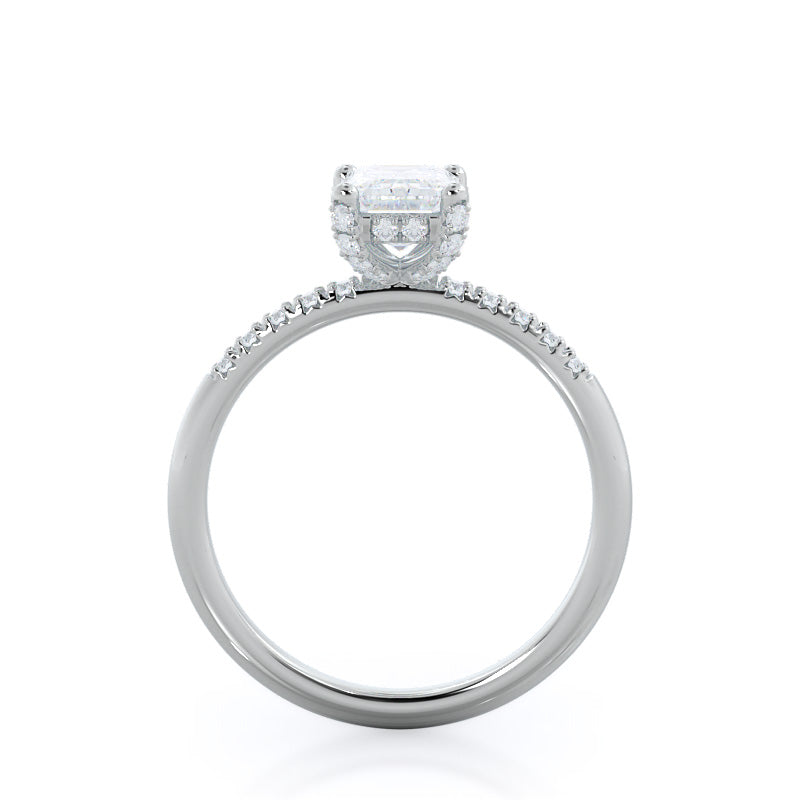 French Set Diamond Basket Engagement Ring with Emerald Cut Diamond in 14KT Platinum view 2
