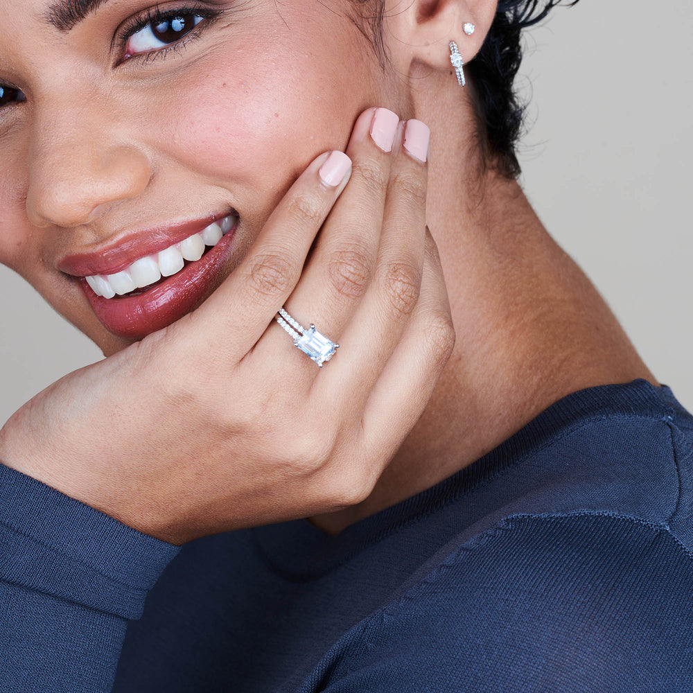 Model Wearing East West Pave Diamond Engagement Ring with Lab Grown Diamond view