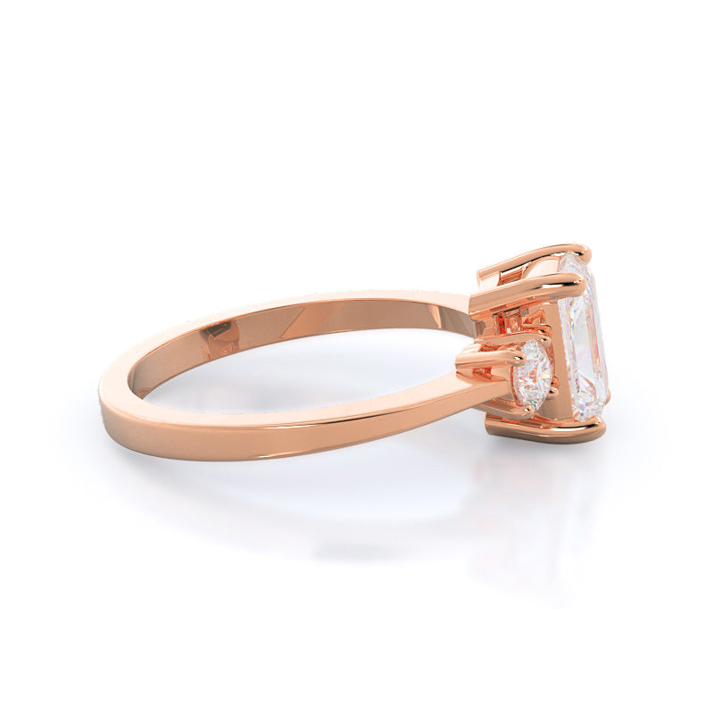 Petite Three Stone Diamond Engagement Ring with Radiant Cut Diamond in 14KT Rose Gold view 3
