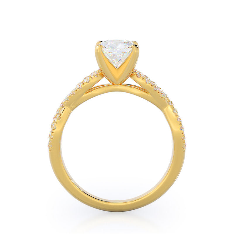 Cushion Cut Braided Cathedral Diamond Engagement Ring with Lab Grown Diamond in 14KT Yellow Gold view 2

