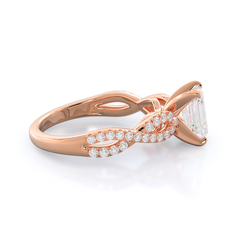 Emerald Cut Braided Cathedral Diamond Engagement Ring with Lab Grown Diamond in 14KT Rose Gold view 3
