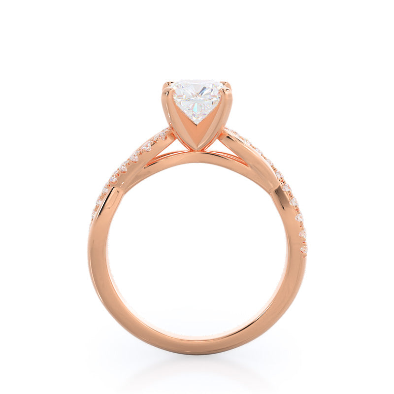 Weaving Diamond Pave Engagement Ring with Cushion Cut Diamond in 14KT Rose Gold view 2
