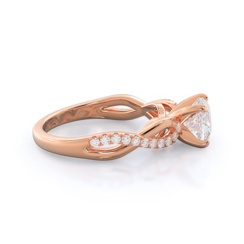 Weaving Diamond Pave Engagement Ring with Cushion Cut Diamond in 14KT Rose Gold view 3
