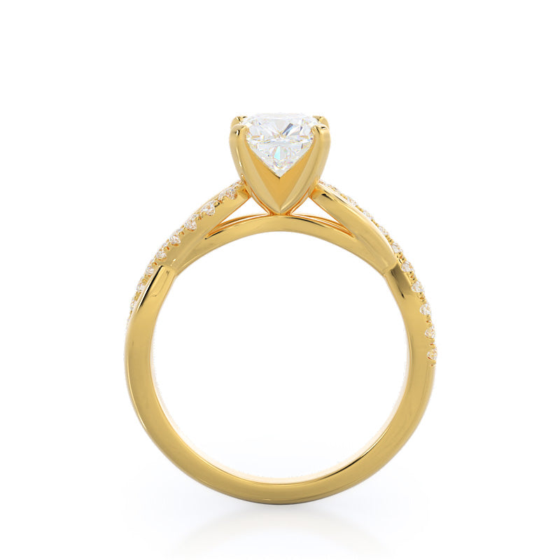 Weaving Diamond Pave Engagement Ring with Cushion Cut Diamond in 14KT Yellow Gold view 2
