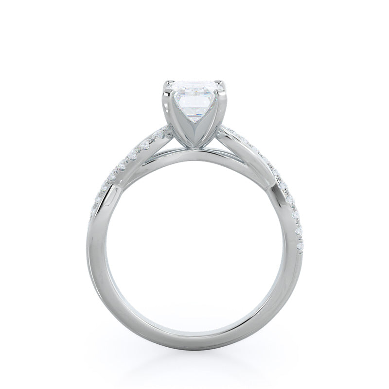 Weaving Diamond Pave Engagement Ring with Emerald Cut Diamond in 14KT Platinum view 2
