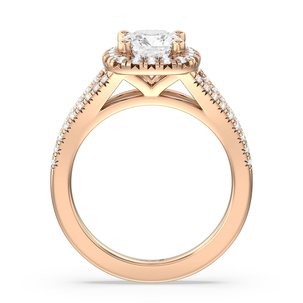 Cushion Cut Split Shank French Halo Diamond Engagement Ring with Lab Grown Diamond in 14KT Rose Gold view 2

