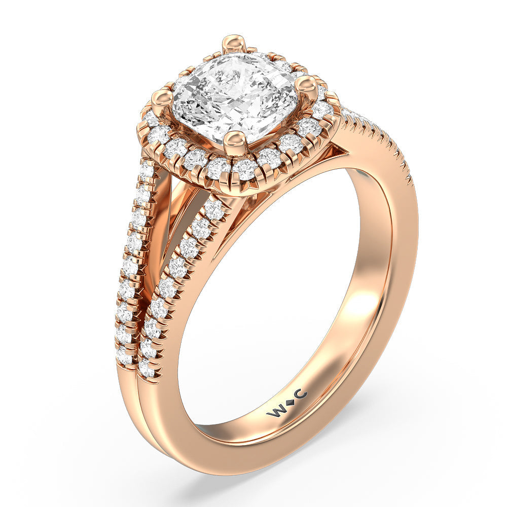 Cushion Cut Split Shank French Halo Diamond Engagement Ring with Lab Grown Diamond in 14KT Rose Gold view 3

