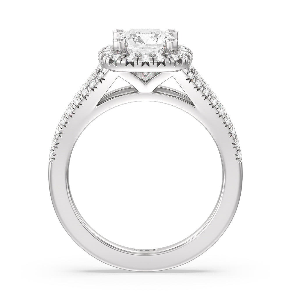Cushion Cut Split Shank French Halo Diamond Engagement Ring with Lab Grown Diamond in 14KT Platinum view 2
