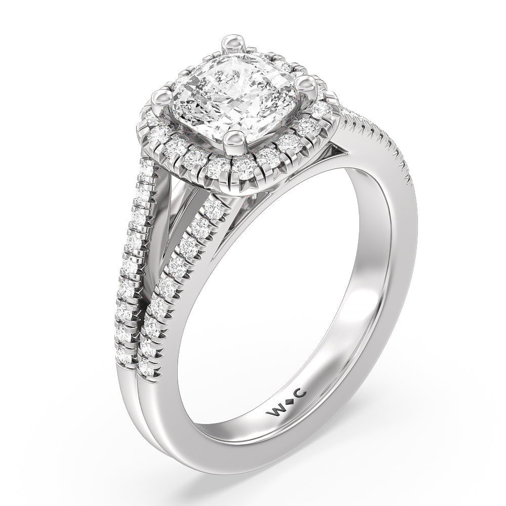 Cushion Cut Split Shank French Halo Diamond Engagement Ring with Lab Grown Diamond in 14KT Platinum view 3
