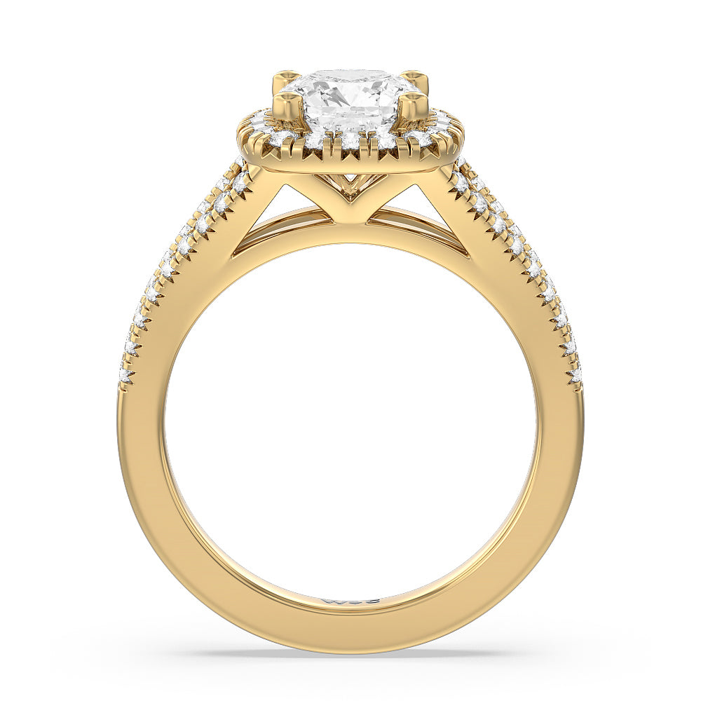 Cushion Cut Split Shank French Halo Diamond Engagement Ring with Lab Grown Diamond in 14KT Yellow Gold view 2
