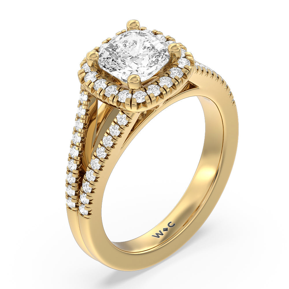 Cushion Cut Split Shank French Halo Diamond Engagement Ring with Lab Grown Diamond in 14KT Yellow Gold view 3
