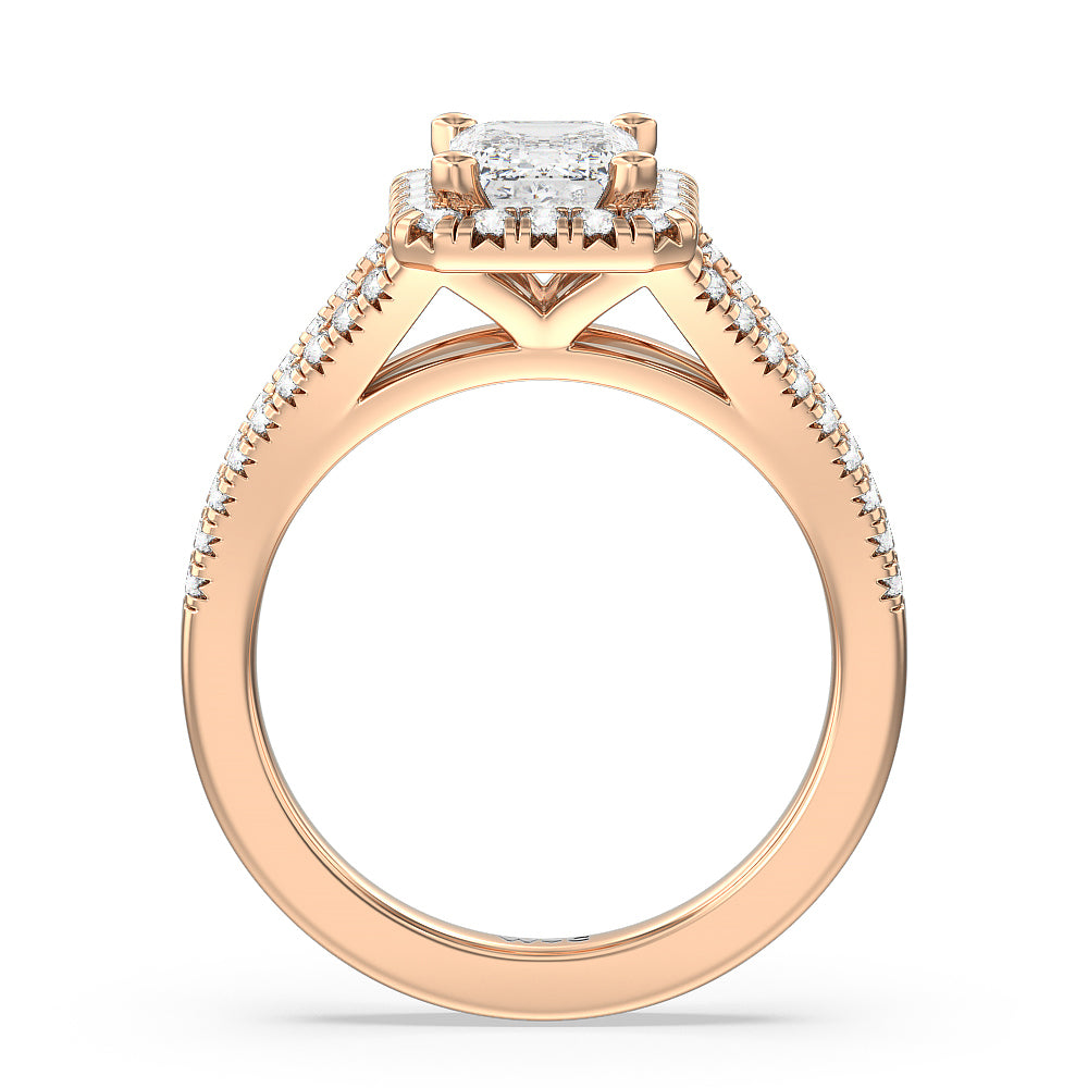 Emerald Cut Split Shank French Halo Diamond Engagement Ring with Lab Grown Diamond in 14KT Rose Gold view 2
