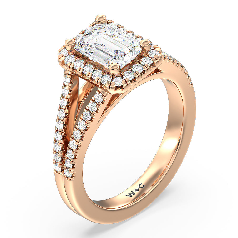 Emerald Cut Split Shank French Halo Diamond Engagement Ring with Lab Grown Diamond in 14KT Rose Gold view 3
