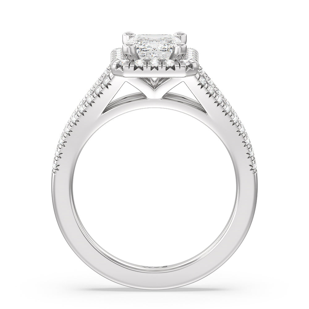 Emerald Cut Split Shank French Halo Diamond Engagement Ring with Lab Grown Diamond in 14KT Platinum view 2

