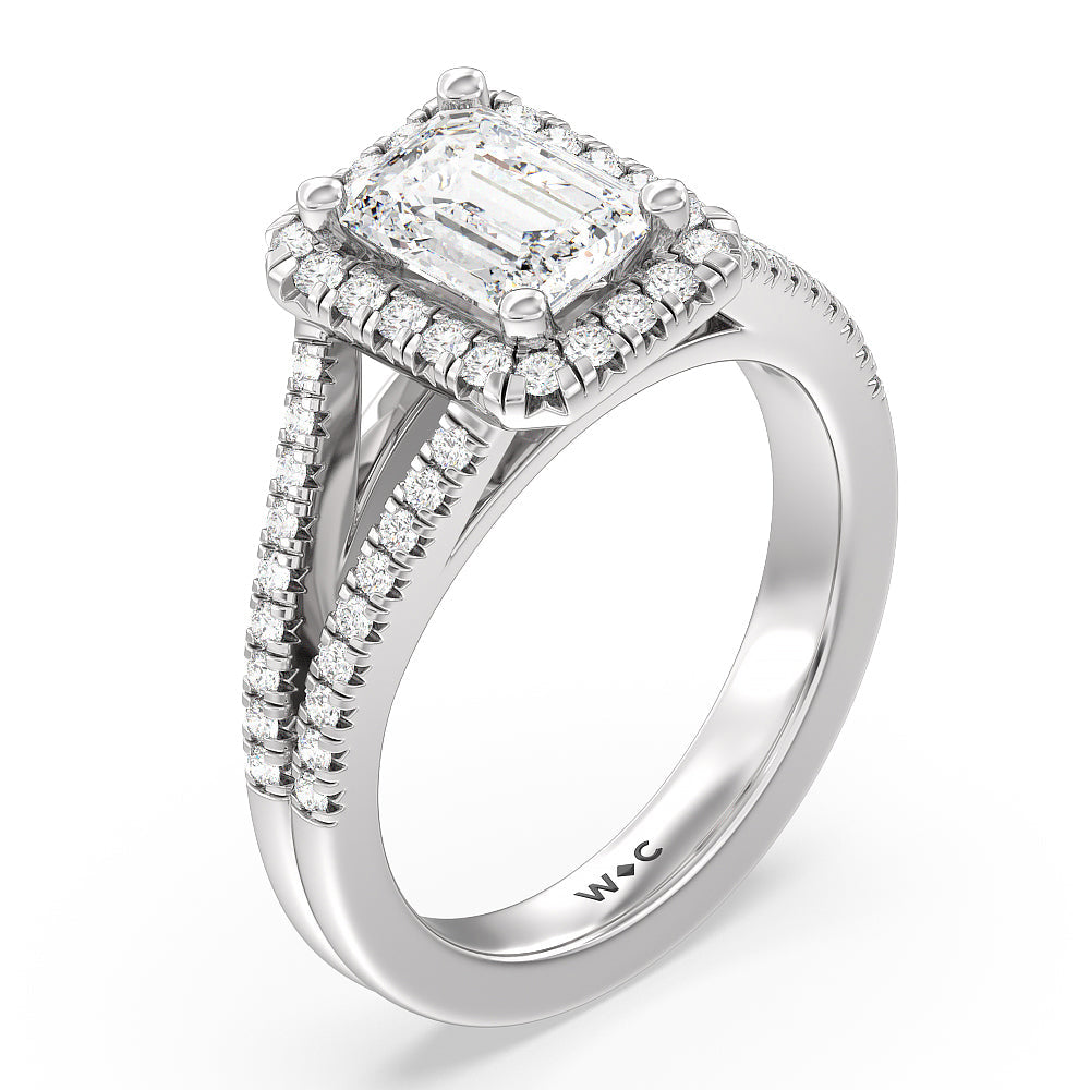 Emerald Cut Split Shank French Halo Diamond Engagement Ring with Lab Grown Diamond in 14KT Platinum view 3
