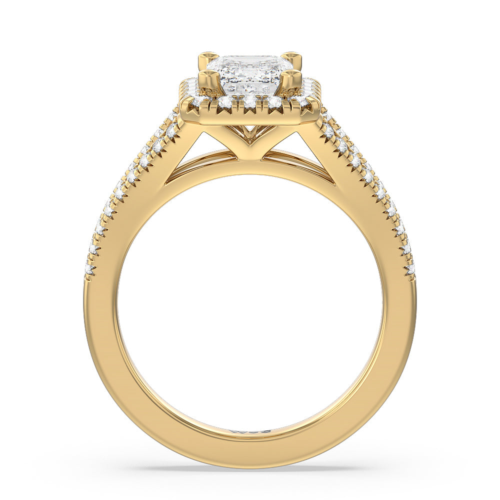 Emerald Cut Split Shank French Halo Diamond Engagement Ring with Lab Grown Diamond in 14KT Yellow Gold view 2
