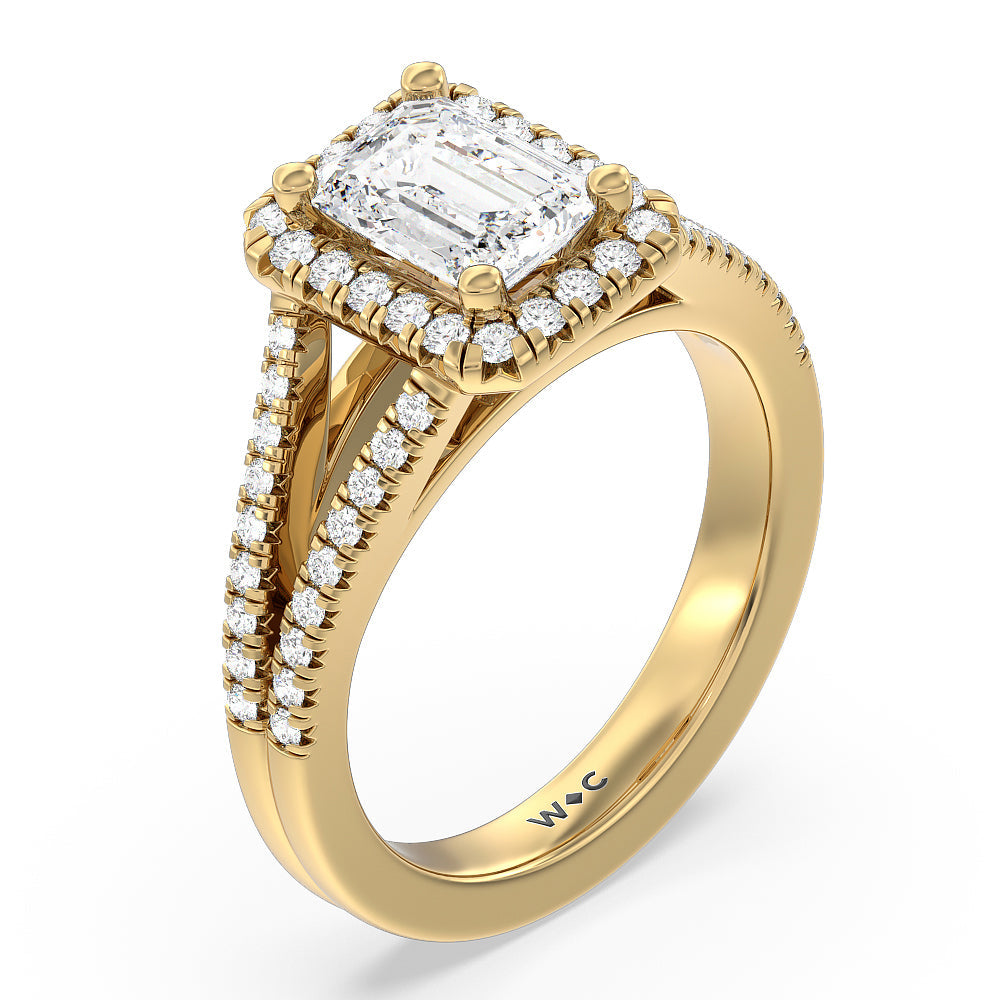 Emerald Cut Split Shank French Halo Diamond Engagement Ring with Lab Grown Diamond in 14KT Yellow Gold view 3
