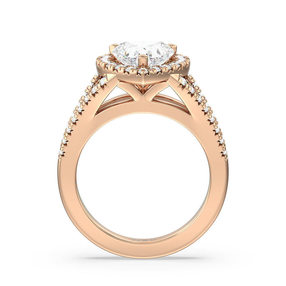 Heart Cut Split Shank French Halo Diamond Engagement Ring with Lab Grown Diamond in 14KT Rose Gold view 2

