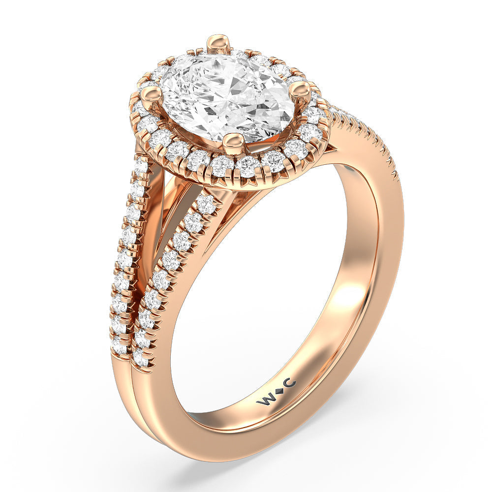 Oval Cut Split Shank French Halo Diamond Engagement Ring with Lab Grown Diamond in 14KT Rose Gold view 3

