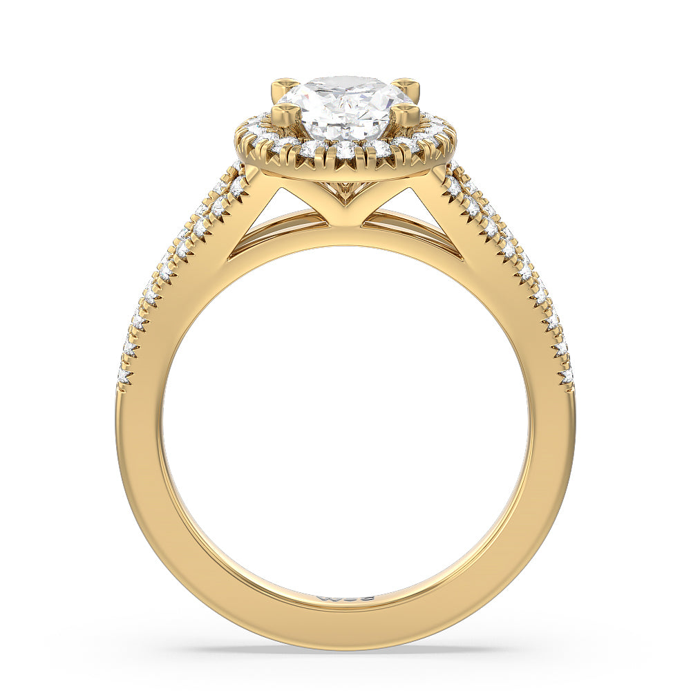 Oval Cut Split Shank French Halo Diamond Engagement Ring with Lab Grown Diamond in 14KT Yellow Gold view 2
