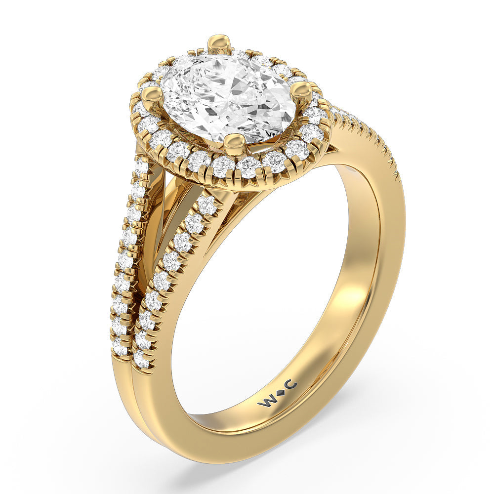 Oval Cut Split Shank French Halo Diamond Engagement Ring with Lab Grown Diamond in 14KT Yellow Gold view 3
