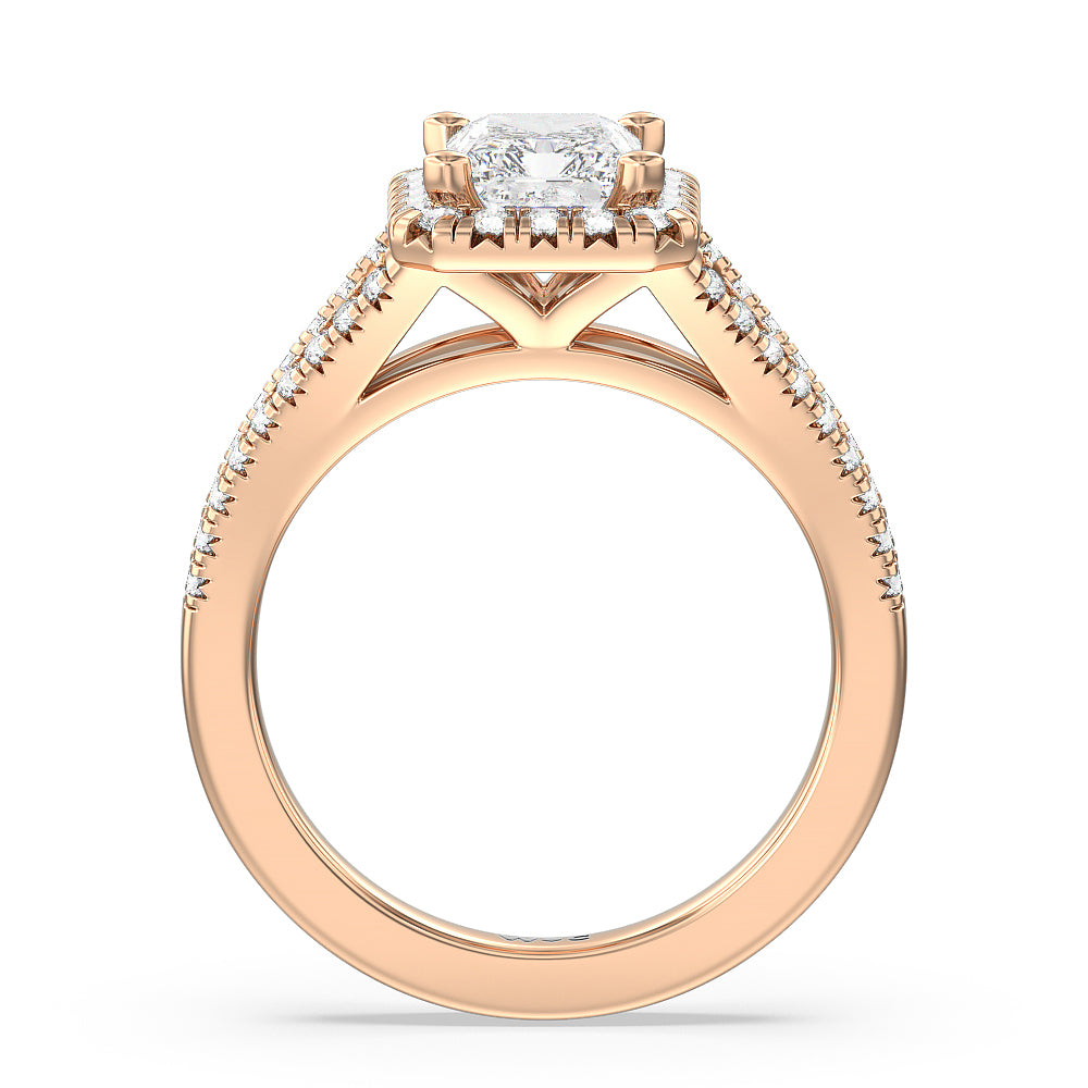 Radiant Cut Split Shank French Halo Diamond Engagement Ring with Lab Grown Diamond in 14KT Rose Gold view 2
